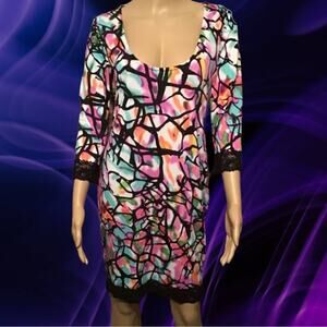 Plus Size 2X  K. Jordan Women's Scoop Neck  Dress Lace Trim Multi Color